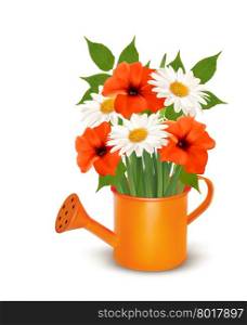 Summer flowers in a watering can. Vector.