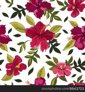 Summer flowers in blossom, seamless pattern of red lilies and green foliage. Bouquet of flora. Florist shop background or wallpaper, textile ornaments decorative clothes. Vector in flat style. Red lilies in bloom, summer flowers pattern vector