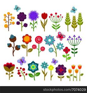 Summer flowers isolated vector collection. Cute floral elements for retro 70s design. Vintage flower blossom of set illustration. Summer flowers isolated vector collection. Cute floral elements for retro 70s design