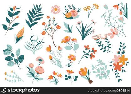Summer flowers mega set elements in flat design. Bundle of different types of blooming flowers, meadow wildflowers, plants, branches with leaves and twigs. Vector illustration isolated graphic objects