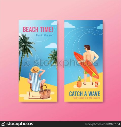 Summer flyer template design for vacation travel on beach watercolor illustration