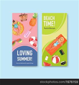 Summer flyer template design for vacation travel on beach watercolor illustration