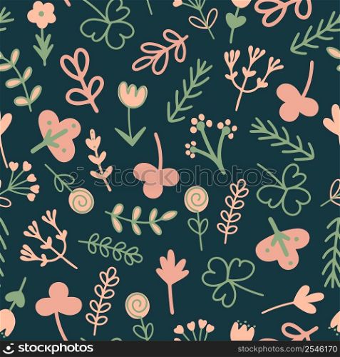 Summer foliage and flowers seamless pattern. Simple botanical floral background. Natural flowering pattern. Template for fabric, textile, wallpaper, packaging and design vector illustration. Summer foliage and flowers seamless pattern