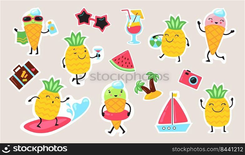 Summer food and activities set. Cute stickers, cartoon characters, watermelon, wave, sweet ice cream, pineapple. Vector illustration for pool party, beach, fun, vacation, travel concept