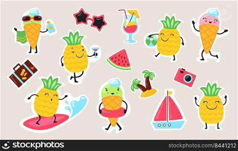 Summer food and activities set. Cute stickers, cartoon characters, watermelon, wave, sweet ice cream, pineapple. Vector illustration for pool party, beach, fun, vacation, travel concept