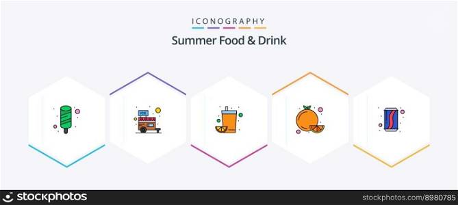 Summer Food and Drink 25 FilledLine icon pack including drink. can. drink. orange. citrus