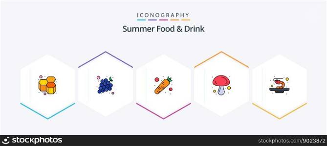 Summer Food and Drink 25 FilledLine icon pack including seafood. vegetable. carrot. mushroom. cooking