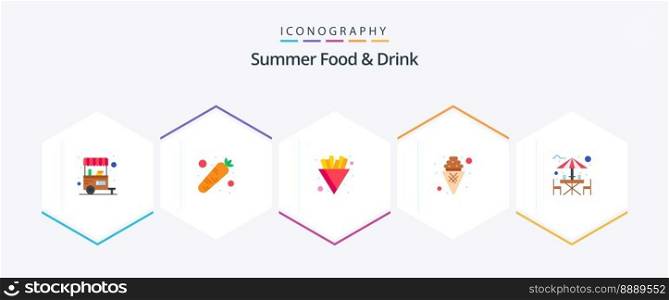 Summer Food and Drink 25 Flat icon pack including beach. alcohol. chips. sweet. dessert