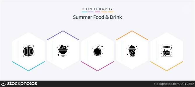 Summer Food and Drink 25 Glyph icon pack including food stall. summer. sweet. juice. cup