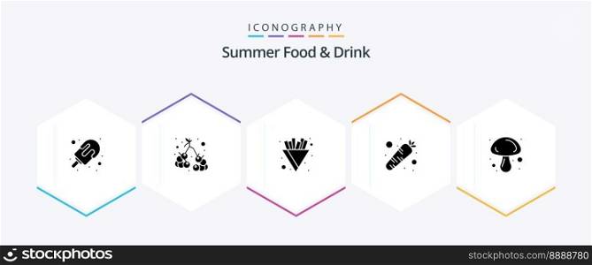 Summer Food and Drink 25 Glyph icon pack including food. vegetable. wine. seasoning. carrot