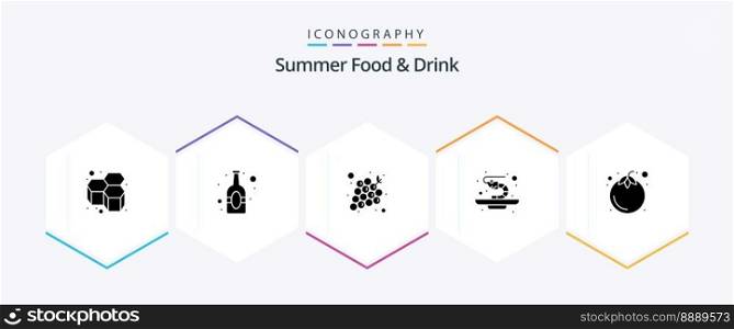 Summer Food and Drink 25 Glyph icon pack including vegetable. mangosteen. grapes. shrimp. prawn