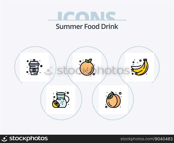 Summer Food Drink Line Filled Icon Pack 5 Icon Design. citrus. drink. summer fruit. coconut juice. meal