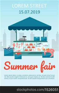 Summer food fair brochure template. Seafood market stall with fresh fish flyer, booklet, leaflet concept with flat illustrations. Vector page layout for magazine. advertising invitation with text