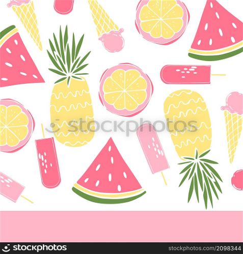 Summer food. Hand drawn fruits and ice cream. Vector background. Sketch illustration.. Summer food. Vector background.