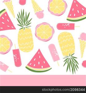 Summer food. Hand drawn fruits and ice cream. Vector background. Sketch illustration.. Summer food. Vector background.