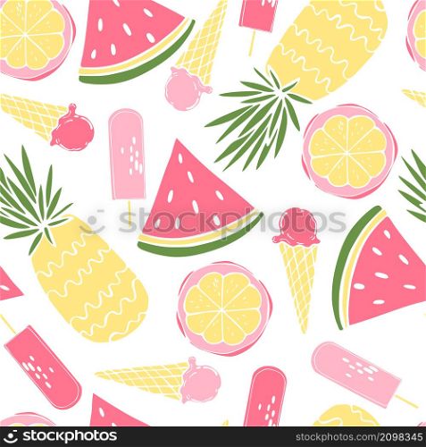 Summer food. Hand drawn fruits and ice cream. Vector seamless pattern.. Vector seamless pattern with fruits and ice cream.
