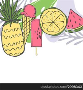 Summer food. Hand drawn fruits and ice cream. Vector sketch illustration.. Summer fruits and ice cream. Vector illustration.
