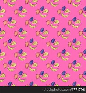 Summer food seamless pattern with doodle bananas, pears, plums and apples. Pink bright background. Designed for fabric design, textile print, wrapping, cover. Vector illustration.. Summer food seamless pattern with doodle bananas, pears, plums and apples. Pink bright background.
