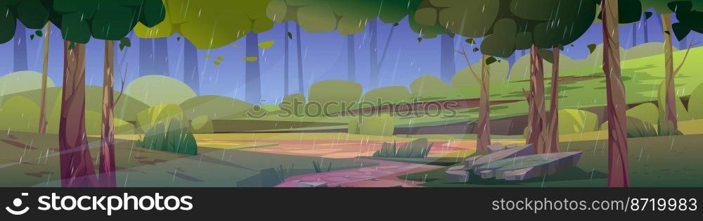 Summer forest glade landscape in rain. Nature panorama of deep woods, garden or nature park with green trees, grass and path in rainy weather, vector cartoon illustration. Summer forest glade landscape in rain