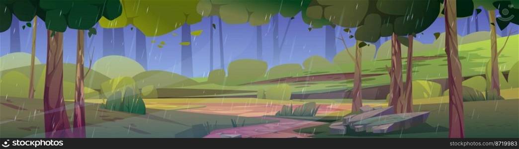 Summer forest glade landscape in rain. Nature panorama of deep woods, garden or nature park with green trees, grass and path in rainy weather, vector cartoon illustration. Summer forest glade landscape in rain