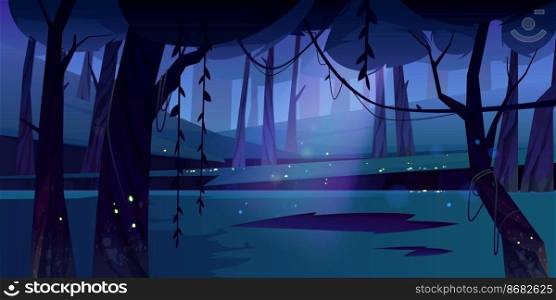 Summer forest glade with flying fireflies at night. Scene of jungle, garden or natural park in moonlight. Vector cartoon illustration of dark woods landscape with trees and lianas. Summer forest glade with flying fireflies at night