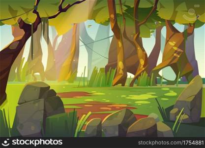 Summer forest glade with green grass. Scene of jungle, garden or natural park in daylight. Vector cartoon illustration of woods landscape with trees, lianas, stones and sunlight spots on grass. Summer landscape of forest glade with green grass