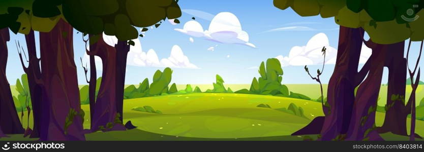 Summer forest landscape with green trees, bushes, grass. Nature park scenery, countryside panorama with trees and meadows on sunny day, blue sky with white clouds vector cartoon illustration. Summer forest landscape with trees, bushes, grass