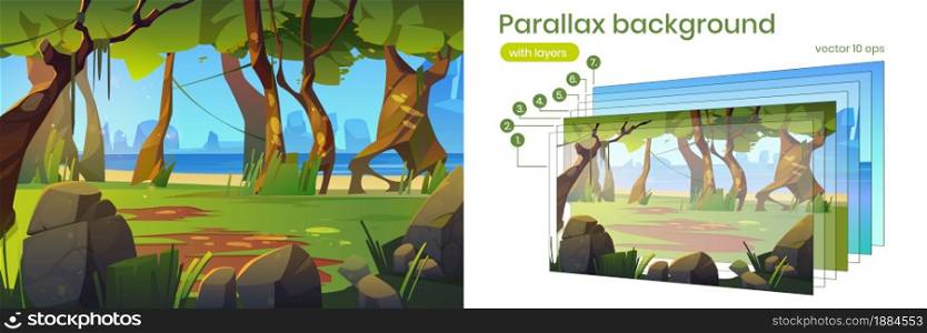 Summer forest with glade, stones, trees and beach of lake or sea. Vector parallax background with layers with cartoon jungle landscape with river, rocks, green trees and grass. Parallax background with jungle forest and river