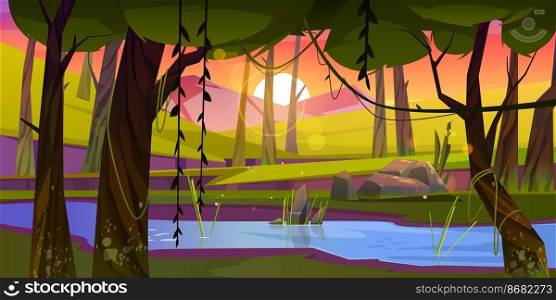 Summer forest with river, green grass and mountains on background. Sunset scene of natural park with water stream. Vector cartoon evening landscape with trees, lianas, stones and brook. Summer forest with river and mountains at sunset