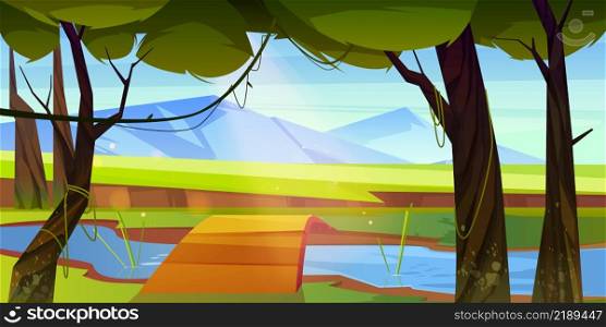 Summer forest with river, wooden bridge and mountains on horizon. Vector cartoon illustration of jungle landscape with trees, lianas, brook, green valley and rocks. Summer forest with river, bridge and mountains