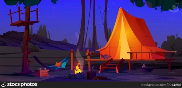 Summer forest with tent at night. C&in mountains, gl&ing with c&fire, hammock and tent on wooden terrace. Nature landscape with site for picnic, vector cartoon illustration. Gl&ing with tent in summer forest at night
