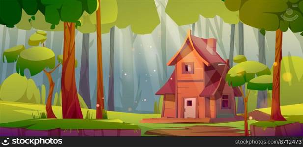 Summer forest with wooden house, green trees and grass. Vector cartoon illustration of summer woods landscape with forester cottage, bushes and path on glade. Summer forest with wooden house on glade
