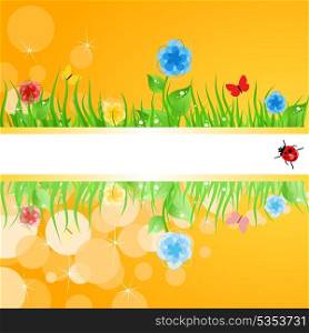 Summer frame. Green grass with flowers. A vector illustration