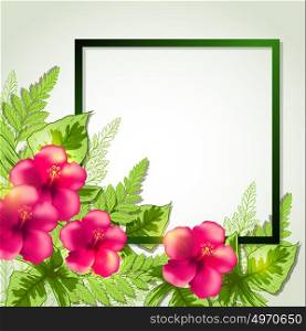 Summer frame with red tropical flowers and leaves. Vector illustration.