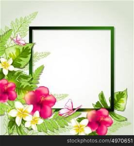 Summer frame with red tropical flowers, butterflies and leaves. Vector illustration.