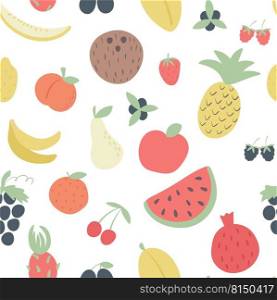 Summer fruit seamless pattern vector. Background exotic tropical fruits. Colorful print with food for textiles, packaging and design. Healthy organic food concept. Summer fruit seamless pattern vector Background exotic tropical fruits