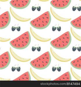 Summer fruit seamless pattern vector. Watermelons and melon print for textiles, paper and design. Fruit exotic tropical background. Summer fruit seamless pattern vector