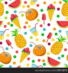 Summer fruits and food seamless pattern of ice cream, coconut cocktail, watermelon and pineapple. Slices of sweet meal, seasonal snacks and vitamins. Exotic plants with decorative dots vector. Tropical prints pineapple and watermelon, coconut cocktails seamless pattern
