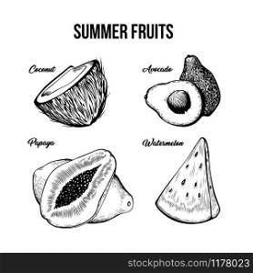 Summer fruits black and white illustrations set. Natural exotic dessert, tropical food with lettering. Juicy coconut, avocado, papaya and watermelon ink pen drawings pack. Vitamin juice ingredients. Summer fruits hand drawn vector illustrations set