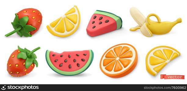 Summer fruits icon set with shadows. Strawberries, watermelon, lemon, orange, banana 3d vector objects. Plasticine art illustration