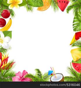 Summer Fruits Poster with Hibiscus, Frangipani Flowers. Summer Fruits Poster with Hibiscus, Frangipani Flowers, Watermelon, Pineapple, Banana, Palm Leaves, Coconut Cocktail, Orange- Illustration Vector