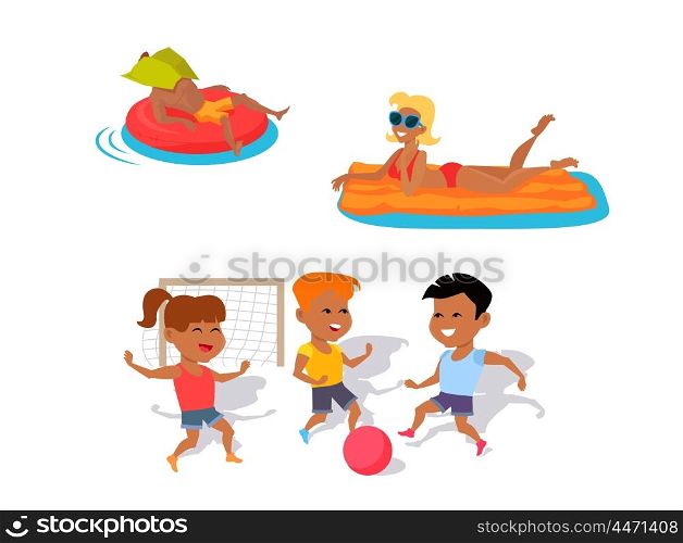 Summer Fun and Entertainments Illustration. Summer fun concept illustration. Beach entertainments and games vector in flat style design. Man and woman swimming on inflatable mattresses. Two boys and girl playing ball. On white background.