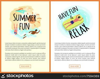 Summer fun and relaxation vector, man laying on mattress, male and female swimming in water. People relaxing on resort, summertime calm season set. Summer Fun and Relaxation Website with People