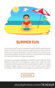 Summer fun, boy eating watermelon on beach, teenager with full cheeks. Tropical fruit, sitting teenager in blue shorts, parasol and islands vector. Website or webpage template, landing page. Kid Eating Watermelon on Beach, Summertime Vector