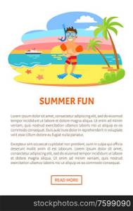 Summer fun, boy on beach vector, summertime hobby of child, active relaxation. Kid wearing equipment for snorkelling and diving underwater. Website or webpage template, landing page. Kid Wearing Special Equipment Diving Snorkelling