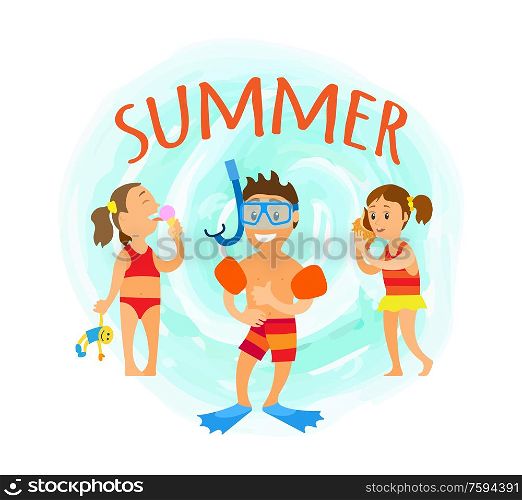 Summer fun, boy wearing special mask for diving, girl listening to seashell noise. Kid eating ice cream and holding toy in hands. Summertime vacation. Summer Hobbies Snorkelling and Diving Hobby Vector