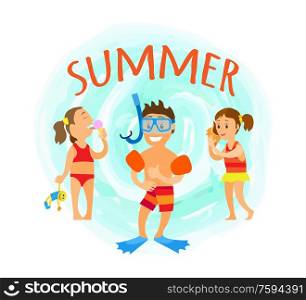 Summer fun, boy wearing special mask for diving, girl listening to seashell noise. Kid eating ice cream and holding toy in hands. Summertime vacation. Summer Hobbies Snorkelling and Diving Hobby Vector