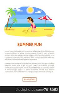 Summer fun, girl sitting and drawing by stick on beach, smiling child in swimsuit. Sunny weather, palm tree and parasol, vacation vector. Website or webpage template, landing page flat style. Summer Fun, Girl Sits and Draws by Stick on Beach