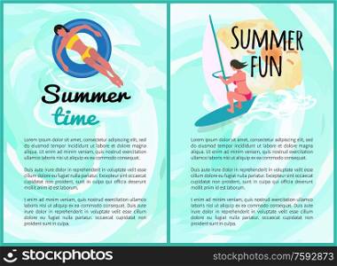 Summer fun people on vacation vector, set of posters with text. Windsurfing woman and lady laying on lifebuoy, relaxation summertime holidays seaside. Summer Time and Fun Posters, People on Vacation
