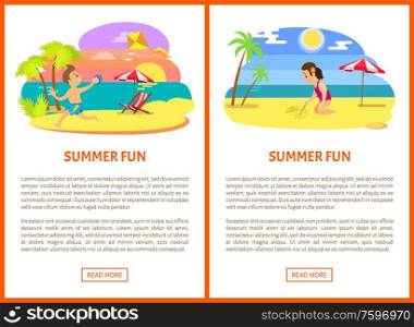 Summer fun poster of activity on beach, boy running with kite, girl sitting and drawing on sand, palm trees and ocean view, parasol and chair vector. Boy and Girl on Beach, Summer Fun Poster Vector